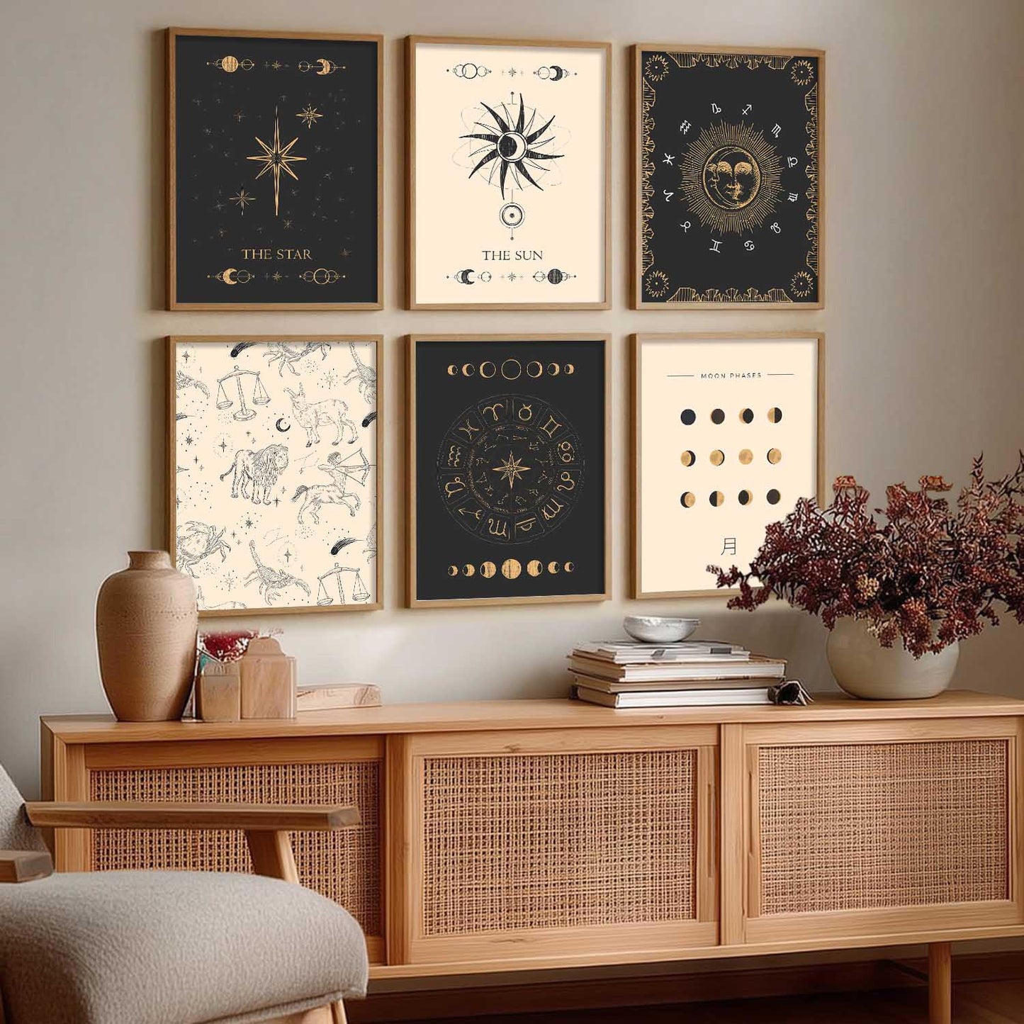 Rising Moon Sun Astrological Signs Wall Art Paintings with Frame for Living Room Bedroom