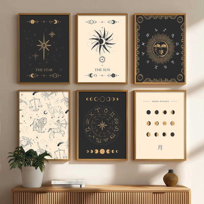 Rising Moon Sun Astrological Signs Wall Art Paintings with Frame for Living Room Bedroom