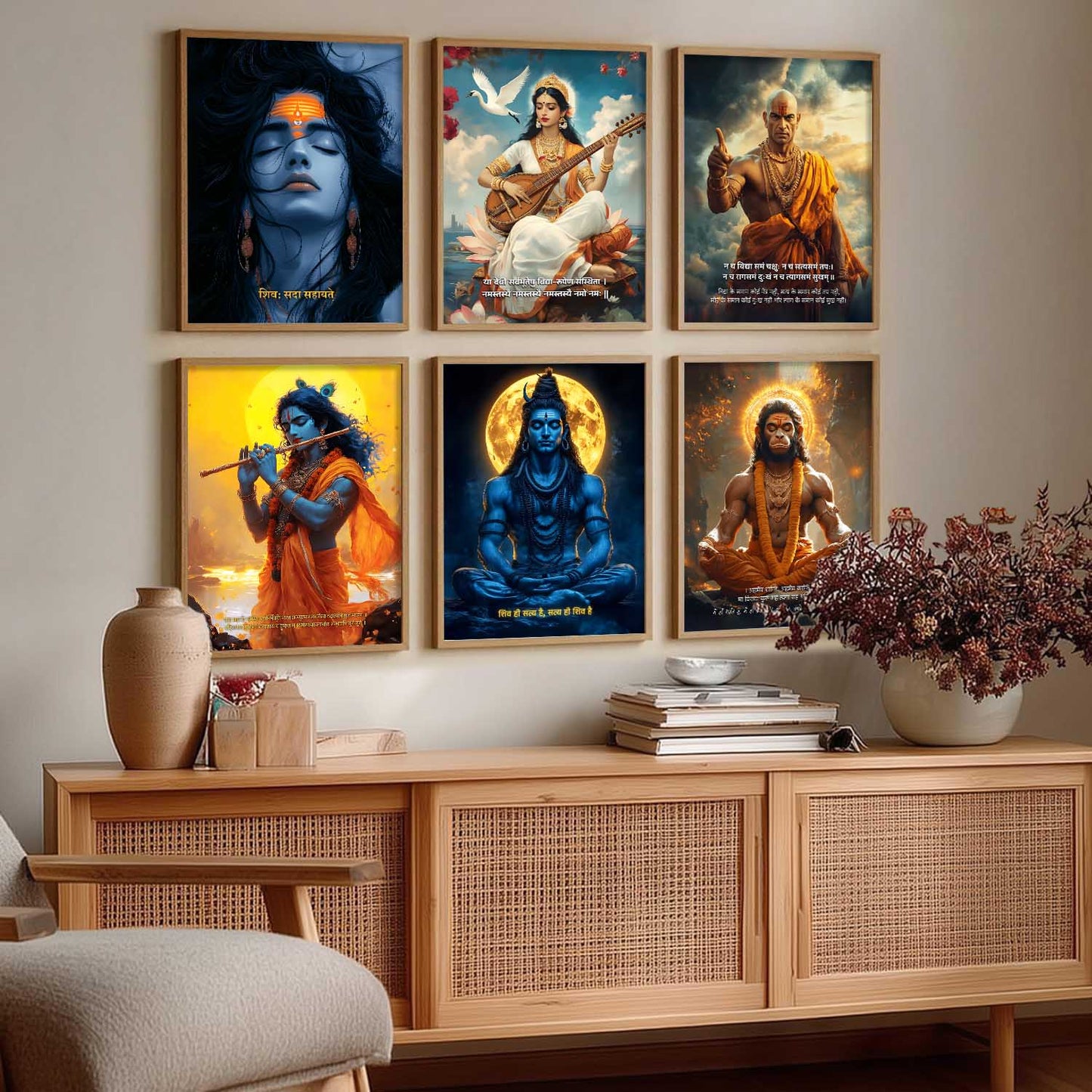 Lord Hanuman, Mahadev, Krishna, Saraswati Mata Wall Art Paintings with Frame for Living Room Bedroom