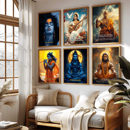 Lord Hanuman, Mahadev, Krishna, Saraswati Mata Wall Art Paintings with Frame for Living Room Bedroom