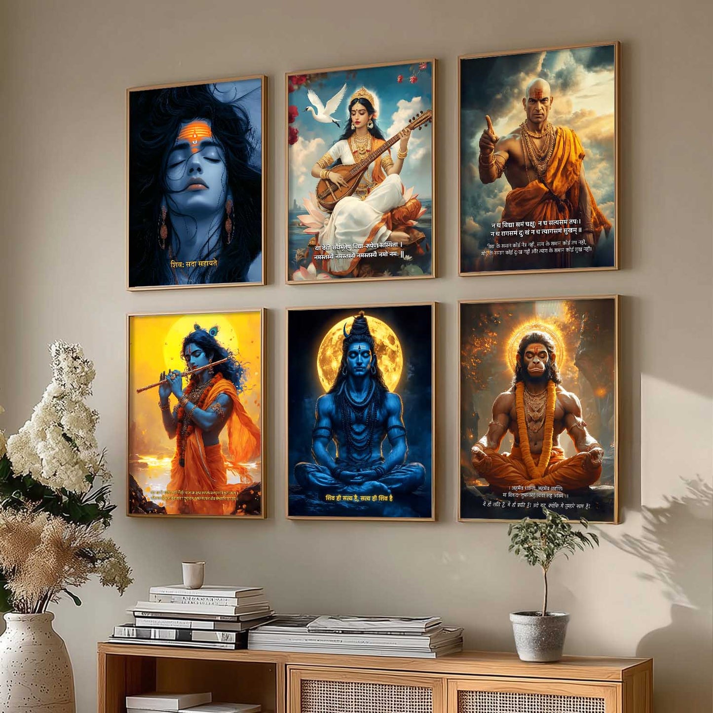 Lord Hanuman, Mahadev, Krishna, Saraswati Mata Wall Art Paintings with Frame for Living Room Bedroom