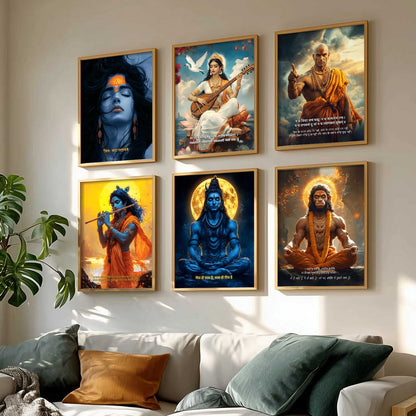 Lord Hanuman, Mahadev, Krishna, Saraswati Mata Wall Art Paintings with Frame for Living Room Bedroom
