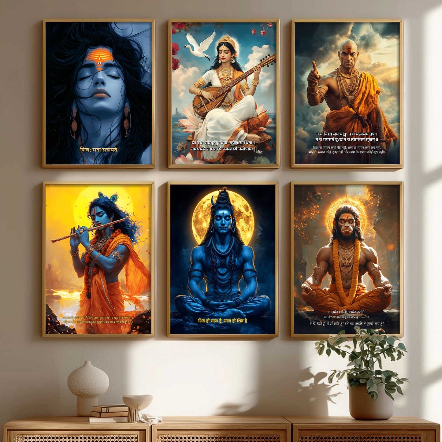 Lord Hanuman, Mahadev, Krishna, Saraswati Mata Wall Art Paintings with Frame for Living Room Bedroom