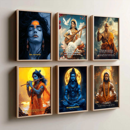 Lord Hanuman, Mahadev, Krishna, Saraswati Mata Wall Art Paintings with Frame for Living Room Bedroom