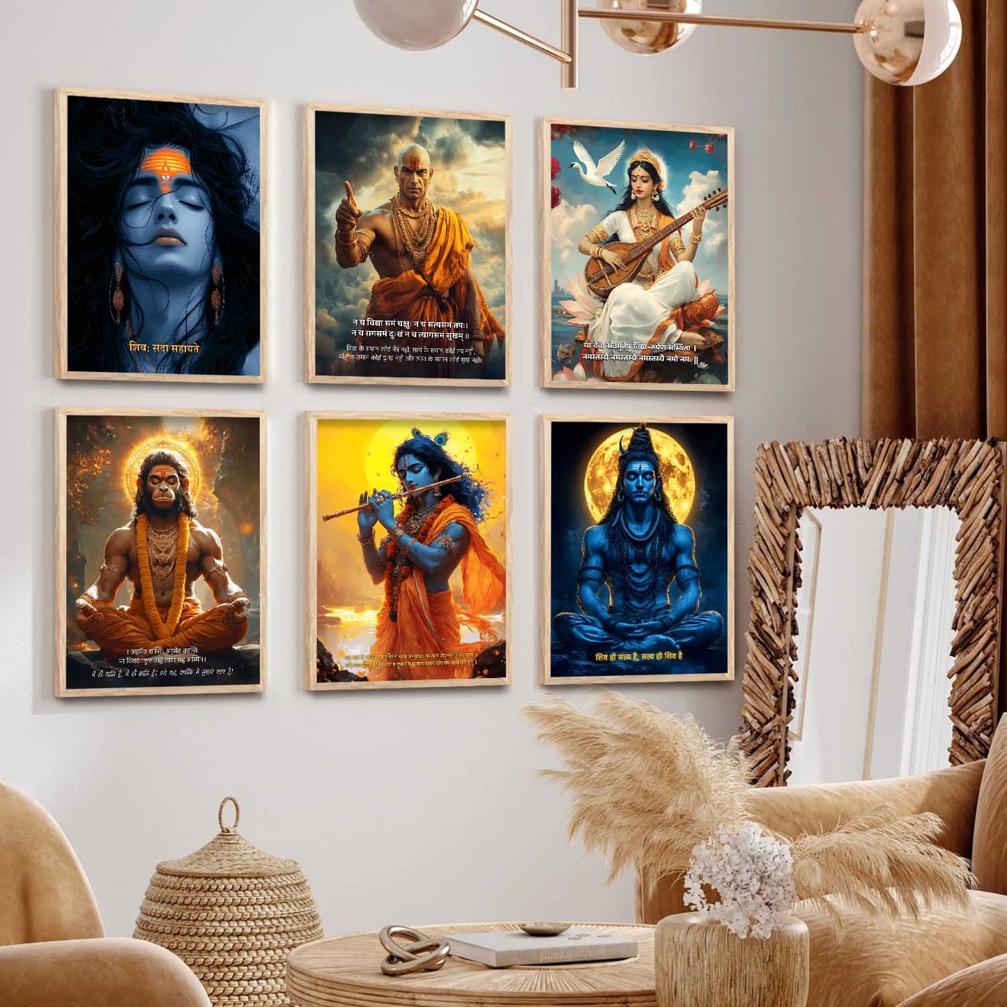 Lord Hanuman, Mahadev, Krishna, Saraswati Mata Wall Art Paintings with Frame for Living Room Bedroom