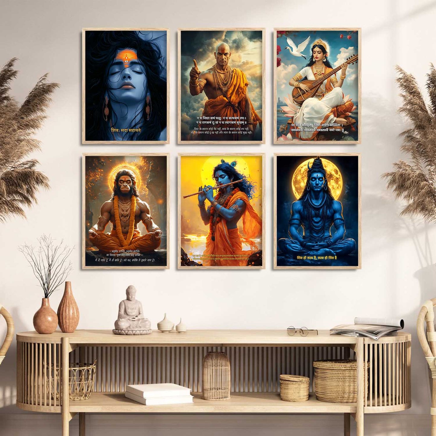 Lord Hanuman, Mahadev, Krishna, Saraswati Mata Wall Art Paintings with Frame for Living Room Bedroom