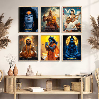 Lord Hanuman, Mahadev, Krishna, Saraswati Mata Wall Art Paintings with Frame for Living Room Bedroom