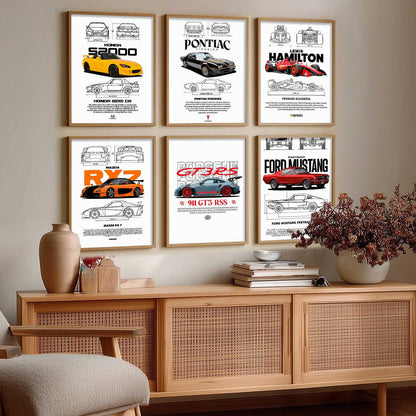 Porsche 911 Ford Mustang Formula 1 Car Wall Art Paintings with Frame for Living Room Bedroom