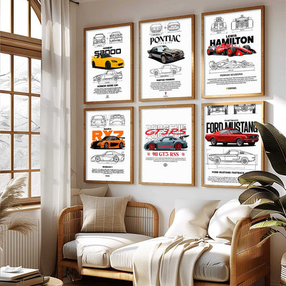 Porsche 911 Ford Mustang Formula 1 Car Wall Art Paintings with Frame for Living Room Bedroom