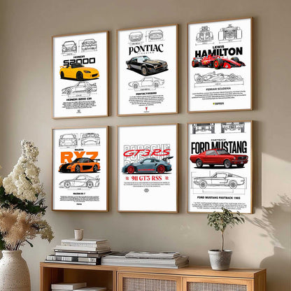 Porsche 911 Ford Mustang Formula 1 Car Wall Art Paintings with Frame for Living Room Bedroom