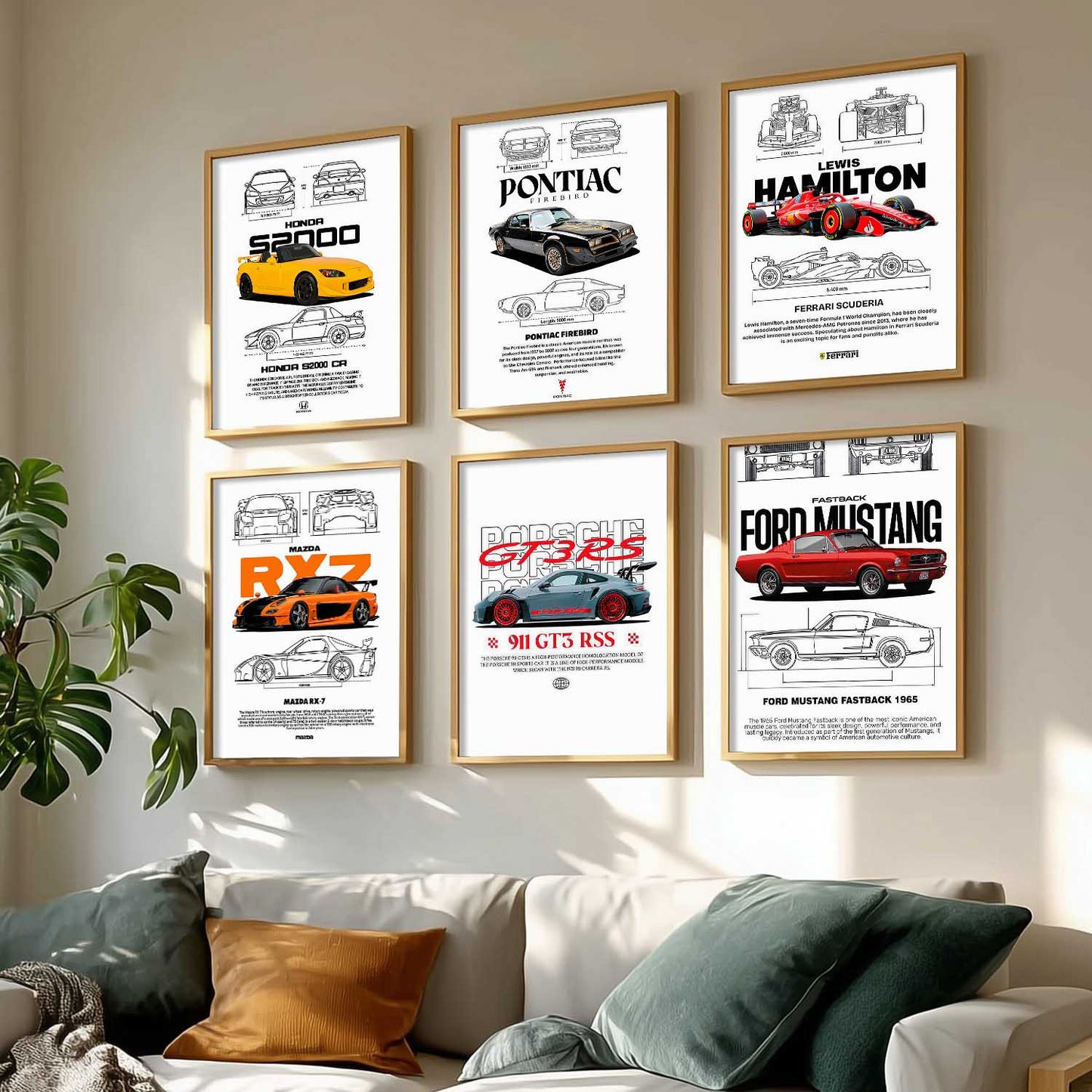 Porsche 911 Ford Mustang Formula 1 Car Wall Art Paintings with Frame for Living Room Bedroom