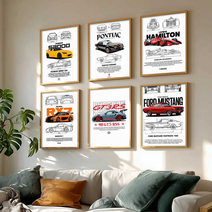 Porsche 911 Ford Mustang Formula 1 Car Wall Art Paintings with Frame for Living Room Bedroom