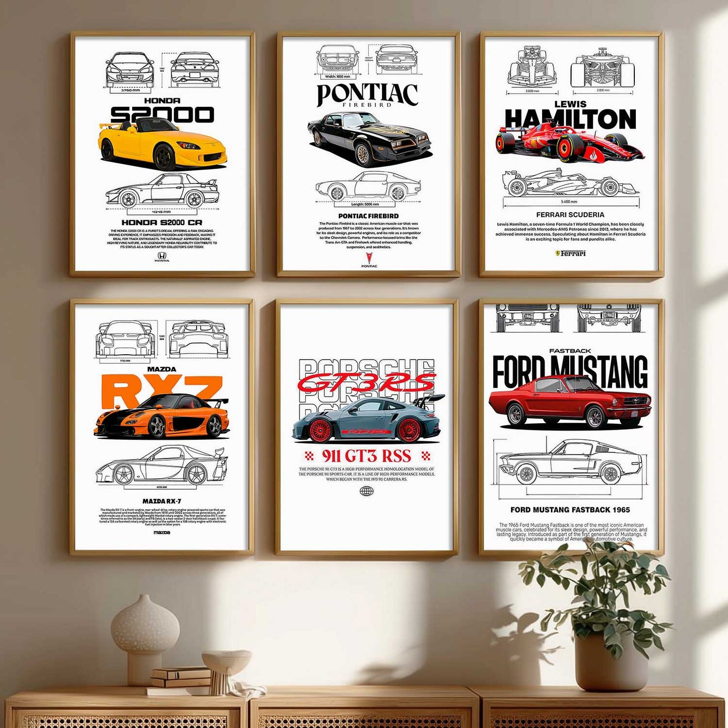 Porsche 911 Ford Mustang Formula 1 Car Wall Art Paintings with Frame for Living Room Bedroom