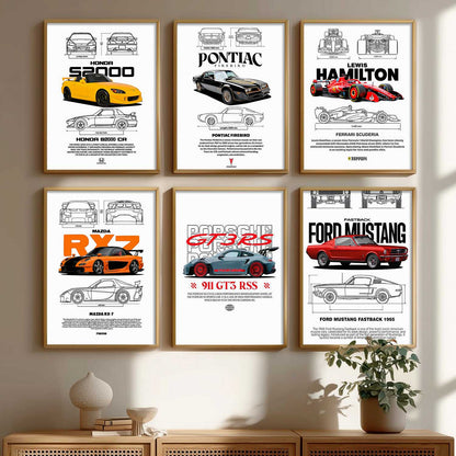 Porsche 911 Ford Mustang Formula 1 Car Wall Art Paintings with Frame for Living Room Bedroom