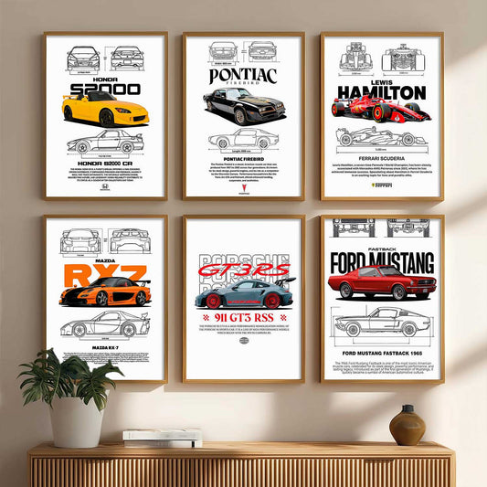 Porsche 911 Ford Mustang Formula 1 Car Wall Art Paintings with Frame for Living Room Bedroom