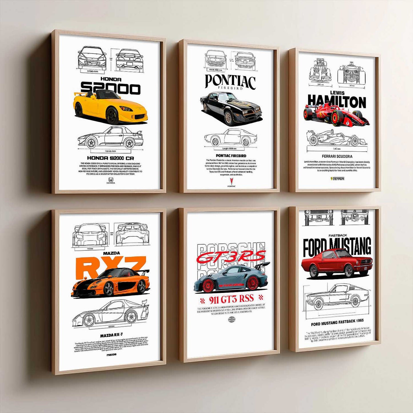 Porsche 911 Ford Mustang Formula 1 Car Wall Art Paintings with Frame for Living Room Bedroom