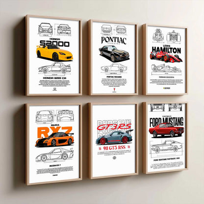 Porsche 911 Ford Mustang Formula 1 Car Wall Art Paintings with Frame for Living Room Bedroom