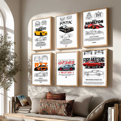 Porsche 911 Ford Mustang Formula 1 Car Wall Art Paintings with Frame for Living Room Bedroom