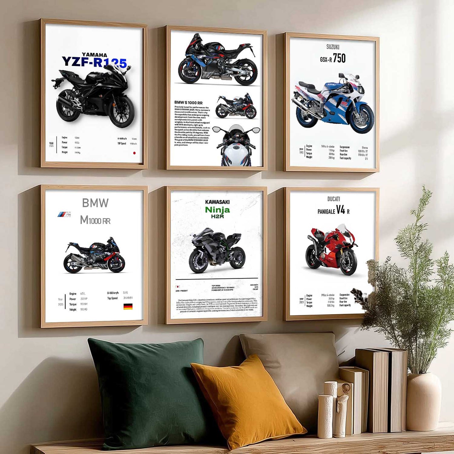 BMW S1000RR KAWASAKI H2R DUCATI PANIGALE V4R Wall Art Paintings with Frame for Living Room Bedroom