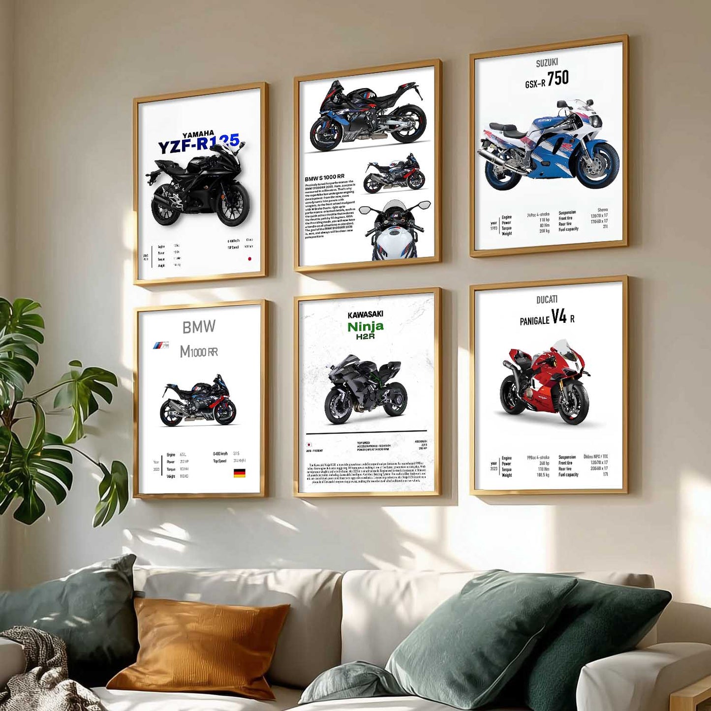 BMW S1000RR KAWASAKI H2R DUCATI PANIGALE V4R Wall Art Paintings with Frame for Living Room Bedroom