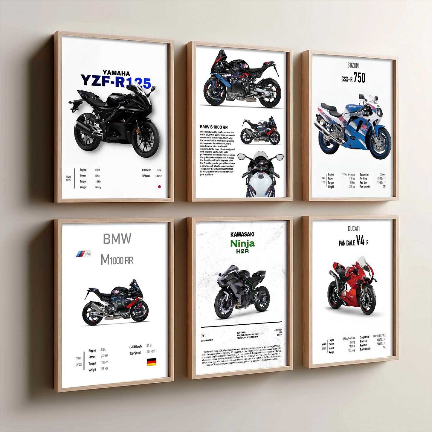 BMW S1000RR KAWASAKI H2R DUCATI PANIGALE V4R Wall Art Paintings with Frame for Living Room Bedroom