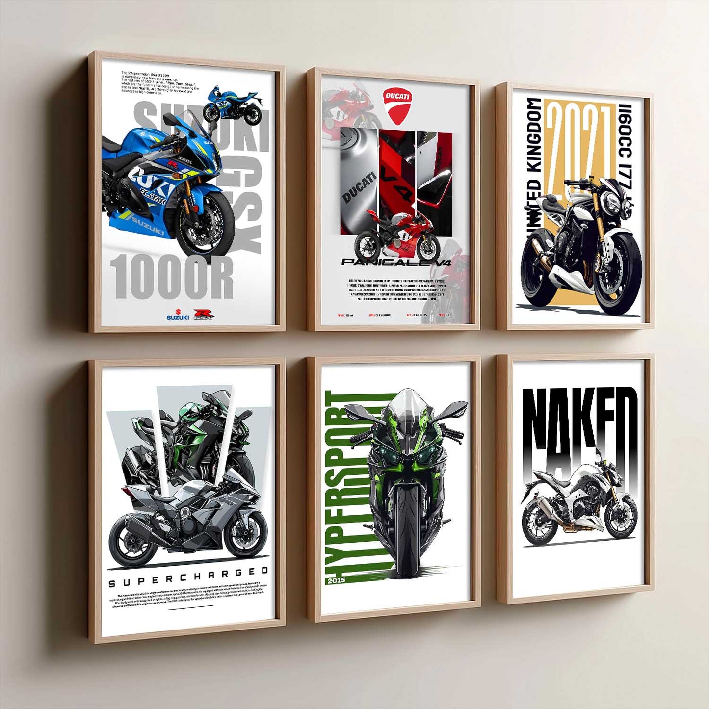 Kawasaki H2R Z1000 DUCATI PANIGALE V4 Wall Art Paintings with Frame for Living Room Bedroom