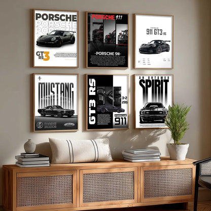 Porsche 911 GT3RS Ford Mustang Car Wall Art Paintings with Frame for Living Room Bedroom