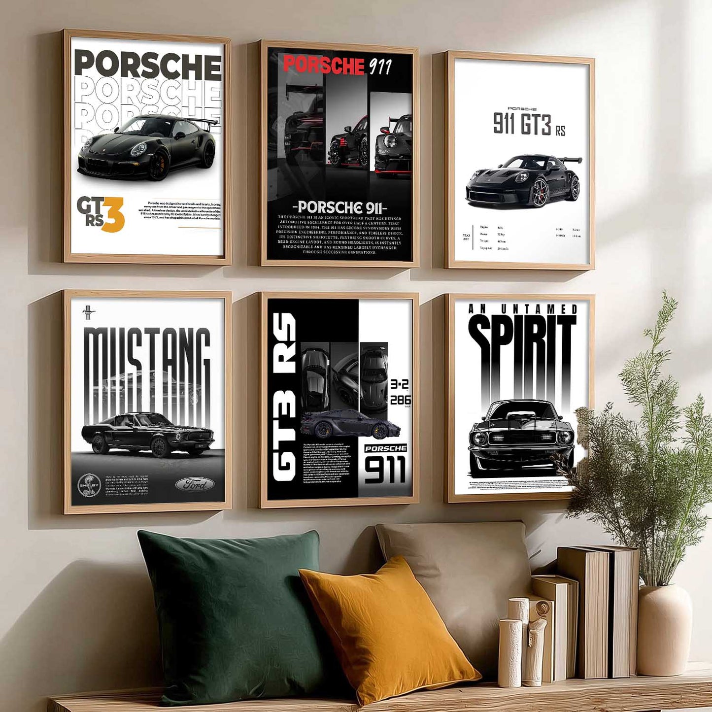 Porsche 911 GT3RS Ford Mustang Car Wall Art Paintings with Frame for Living Room Bedroom