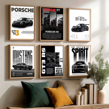Porsche 911 GT3RS Ford Mustang Car Wall Art Paintings with Frame for Living Room Bedroom