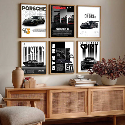 Porsche 911 GT3RS Ford Mustang Car Wall Art Paintings with Frame for Living Room Bedroom