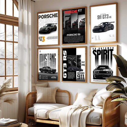 Porsche 911 GT3RS Ford Mustang Car Wall Art Paintings with Frame for Living Room Bedroom