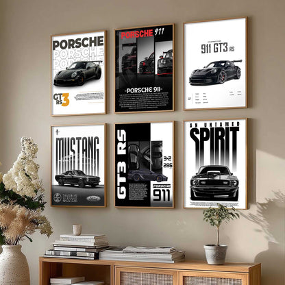 Porsche 911 GT3RS Ford Mustang Car Wall Art Paintings with Frame for Living Room Bedroom