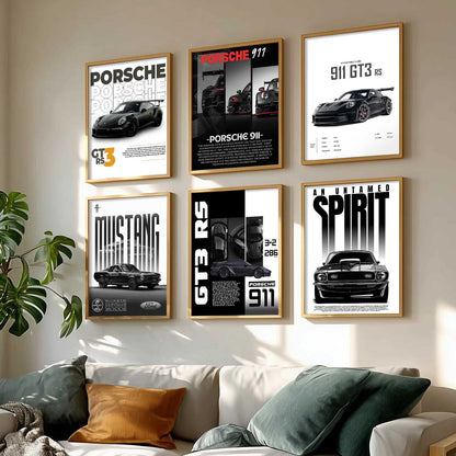 Porsche 911 GT3RS Ford Mustang Car Wall Art Paintings with Frame for Living Room Bedroom