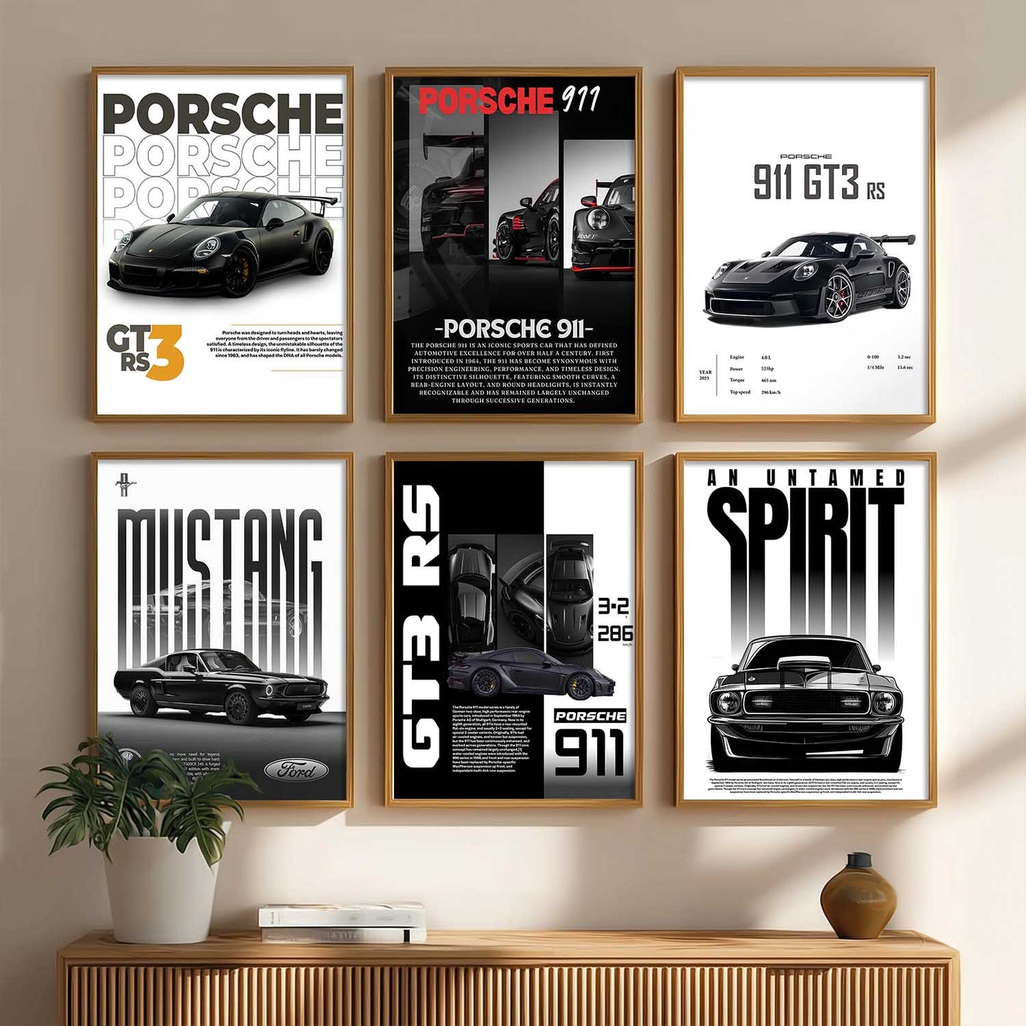Porsche 911 GT3RS Ford Mustang Car Wall Art Paintings with Frame for Living Room Bedroom