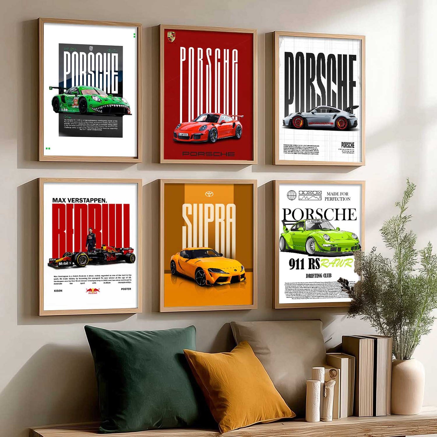 Porsche 911GT Toyota Supra Car Wall Art Paintings with Frame for Living Room Bedroom