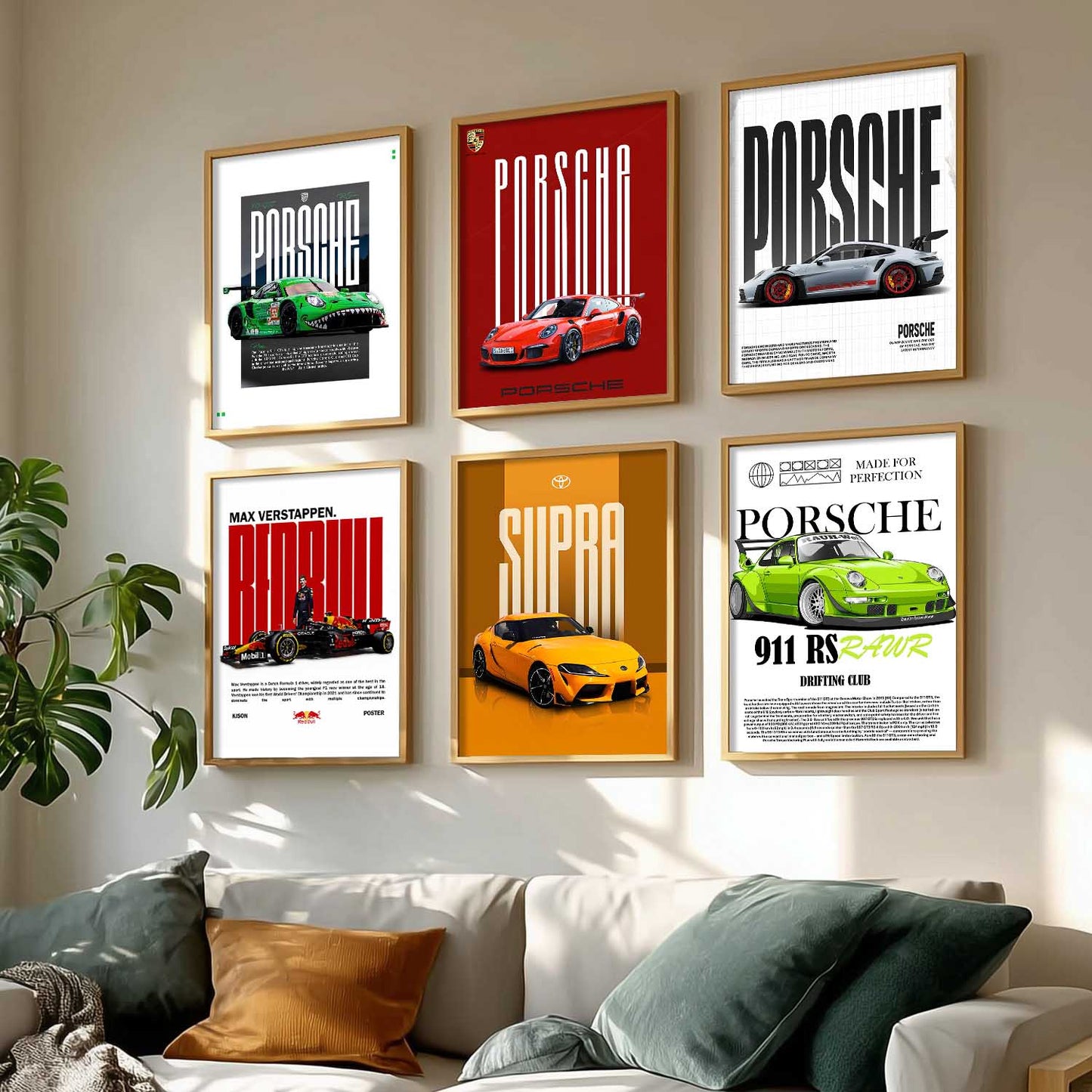 Porsche 911GT Toyota Supra Car Wall Art Paintings with Frame for Living Room Bedroom