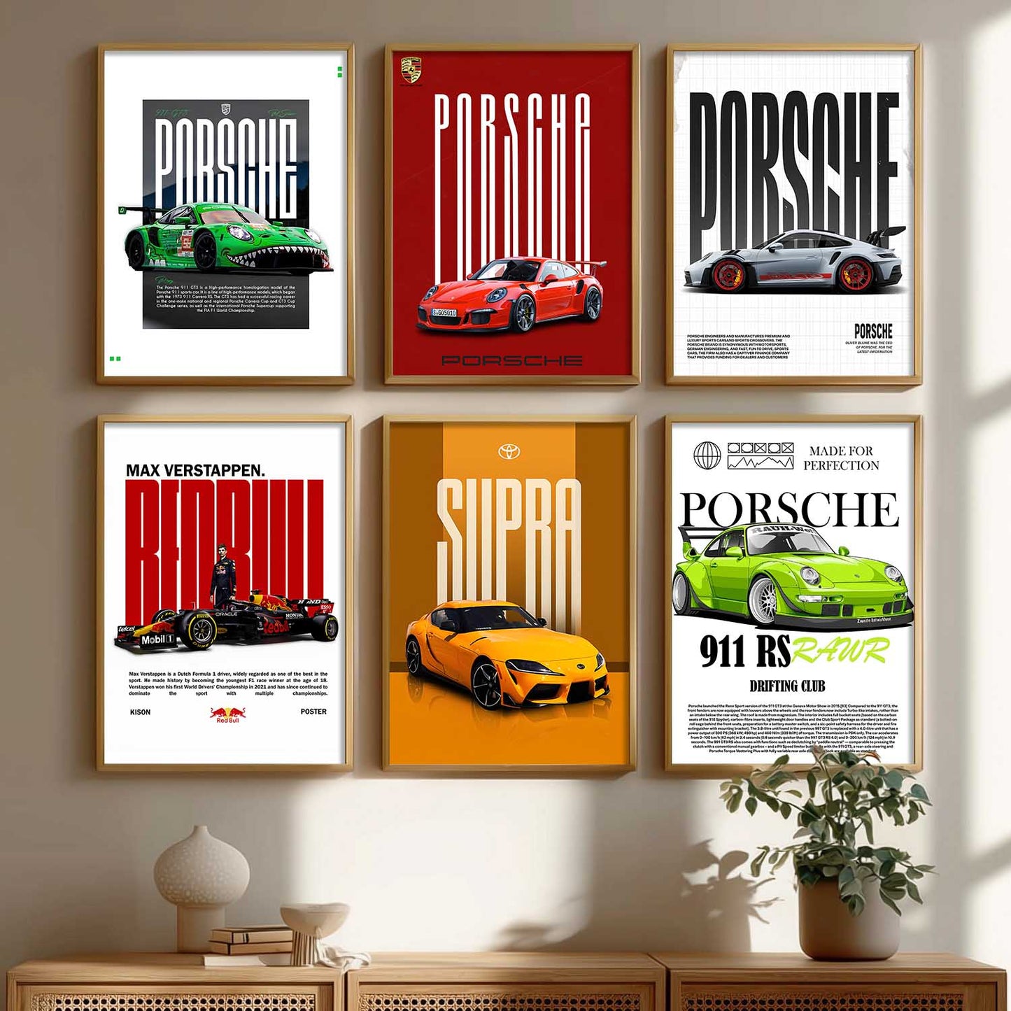 Porsche 911GT Toyota Supra Car Wall Art Paintings with Frame for Living Room Bedroom