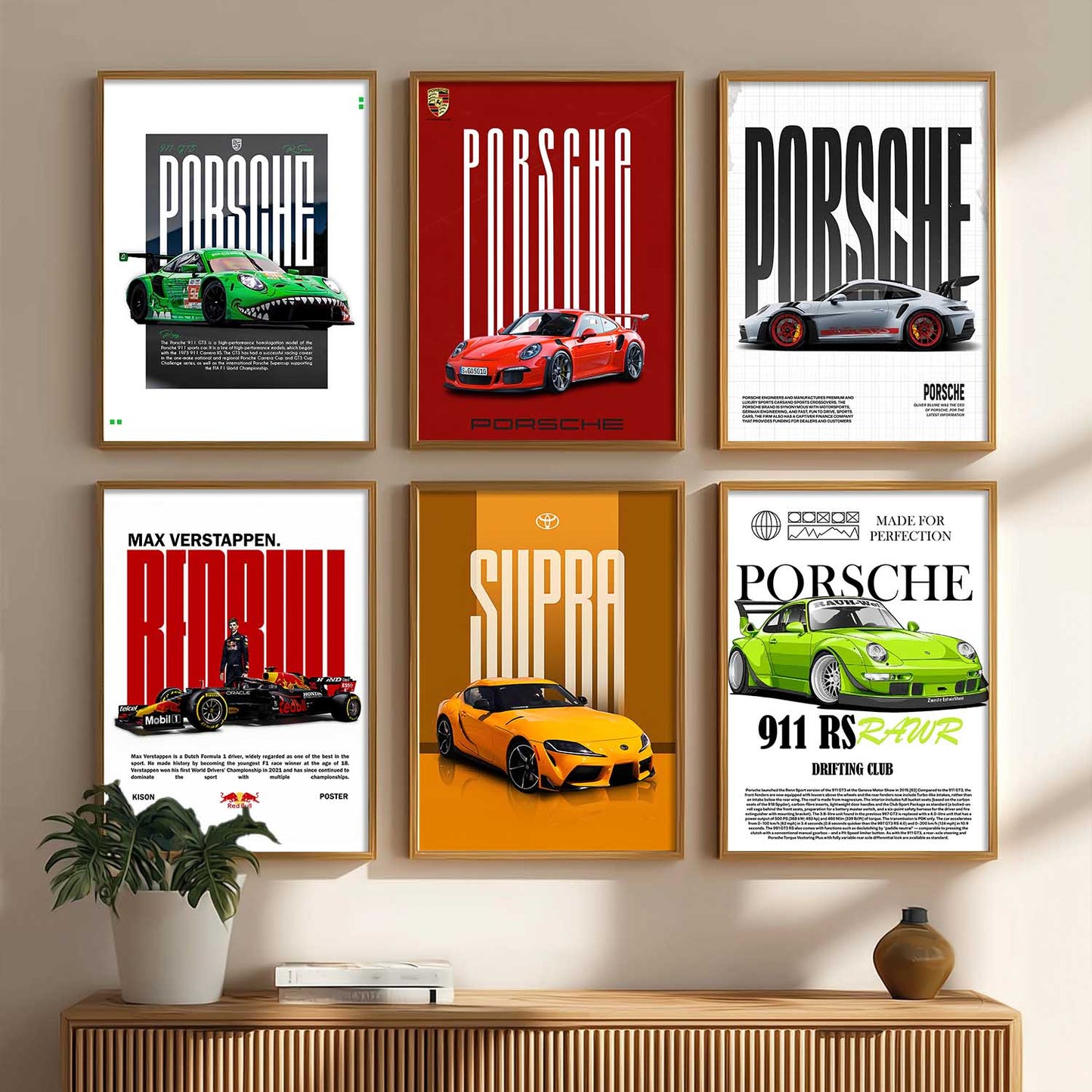 Porsche 911GT Toyota Supra Car Wall Art Paintings with Frame for Living Room Bedroom
