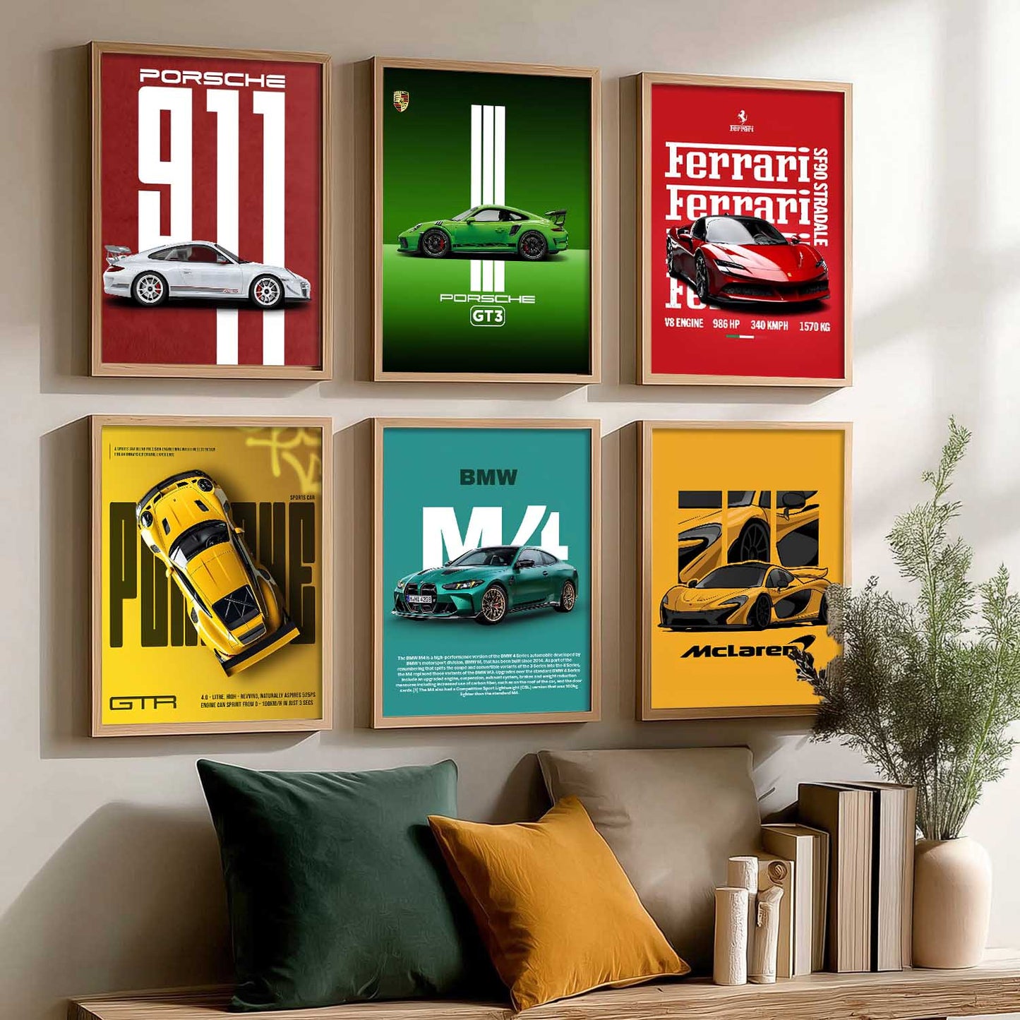 Porsche 911 BMW M4 McLaren Ferrari Car Wall Art Paintings with Frame for Living Room Bedroom