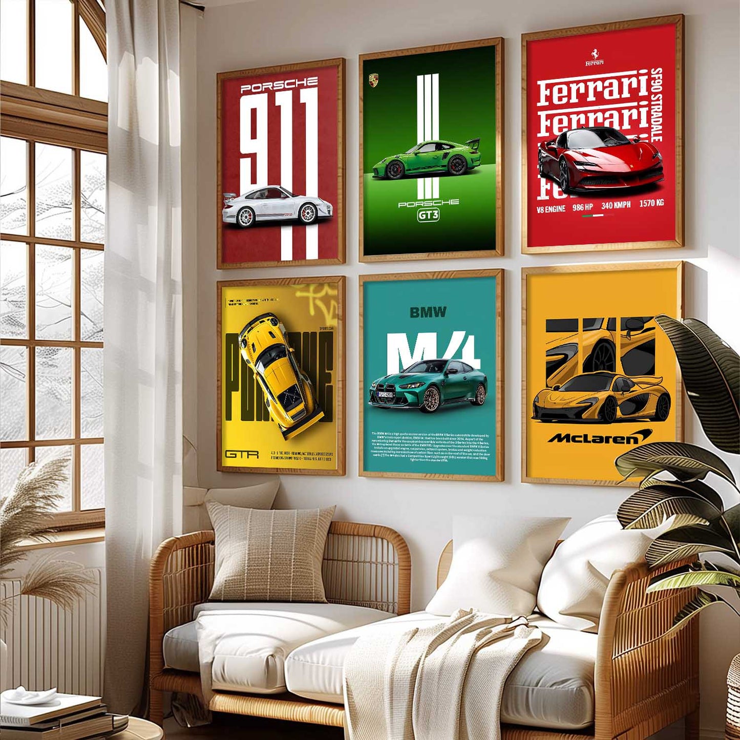 Porsche 911 BMW M4 McLaren Ferrari Car Wall Art Paintings with Frame for Living Room Bedroom