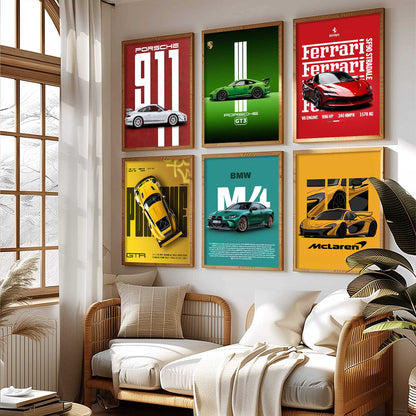 Porsche 911 BMW M4 McLaren Ferrari Car Wall Art Paintings with Frame for Living Room Bedroom
