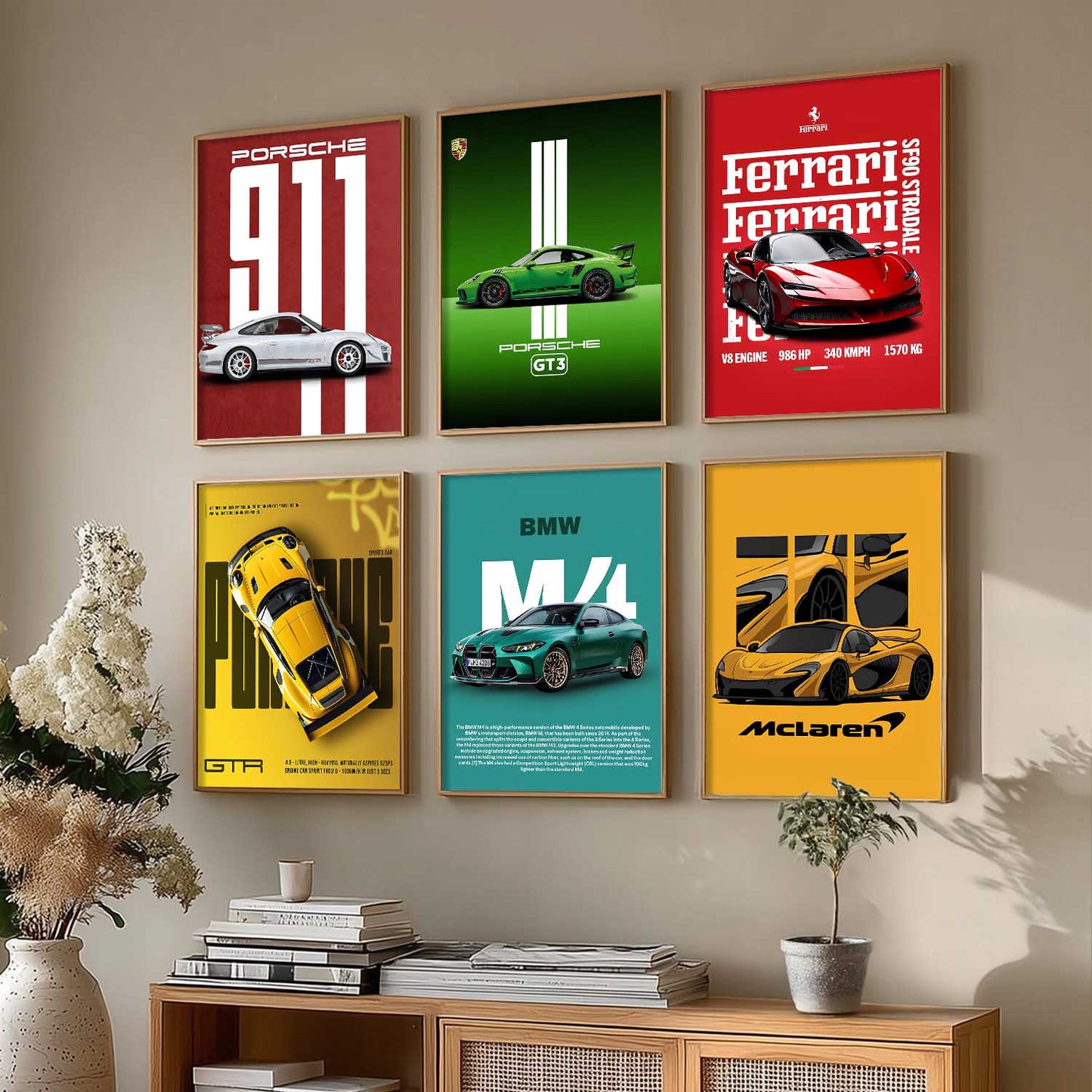 Porsche 911 BMW M4 McLaren Ferrari Car Wall Art Paintings with Frame for Living Room Bedroom