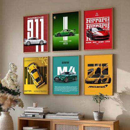 Porsche 911 BMW M4 McLaren Ferrari Car Wall Art Paintings with Frame for Living Room Bedroom