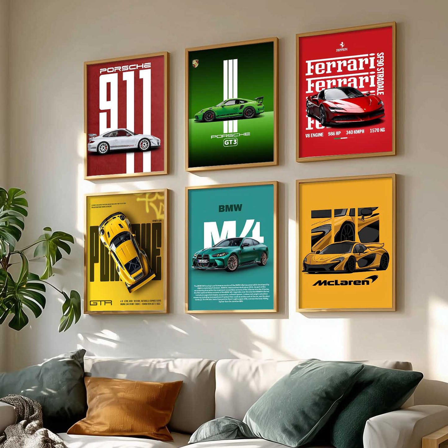 Porsche 911 BMW M4 McLaren Ferrari Car Wall Art Paintings with Frame for Living Room Bedroom