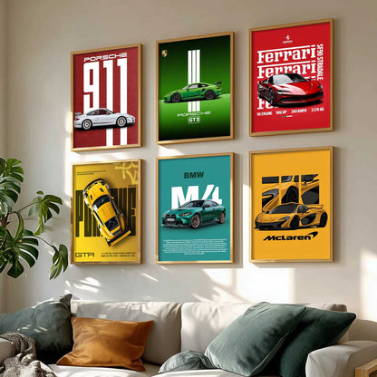 Porsche 911 BMW M4 McLaren Ferrari Car Wall Art Paintings with Frame for Living Room Bedroom