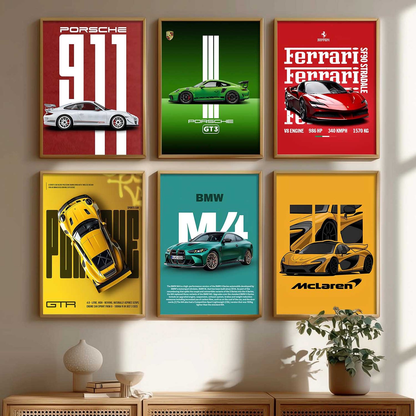 Porsche 911 BMW M4 McLaren Ferrari Car Wall Art Paintings with Frame for Living Room Bedroom