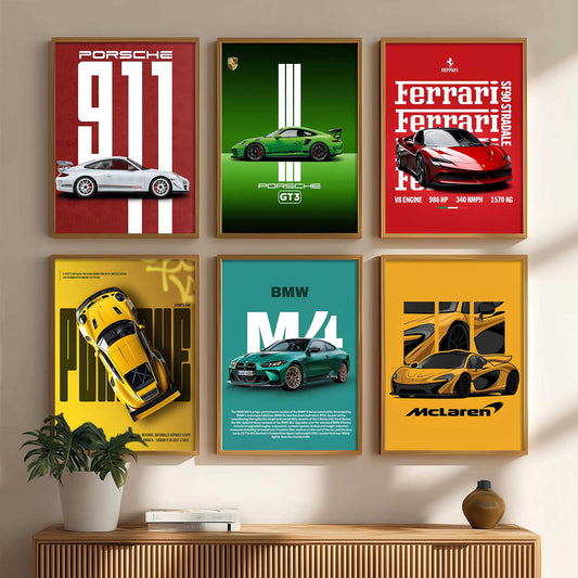 Porsche 911 BMW M4 McLaren Ferrari Car Wall Art Paintings with Frame for Living Room Bedroom