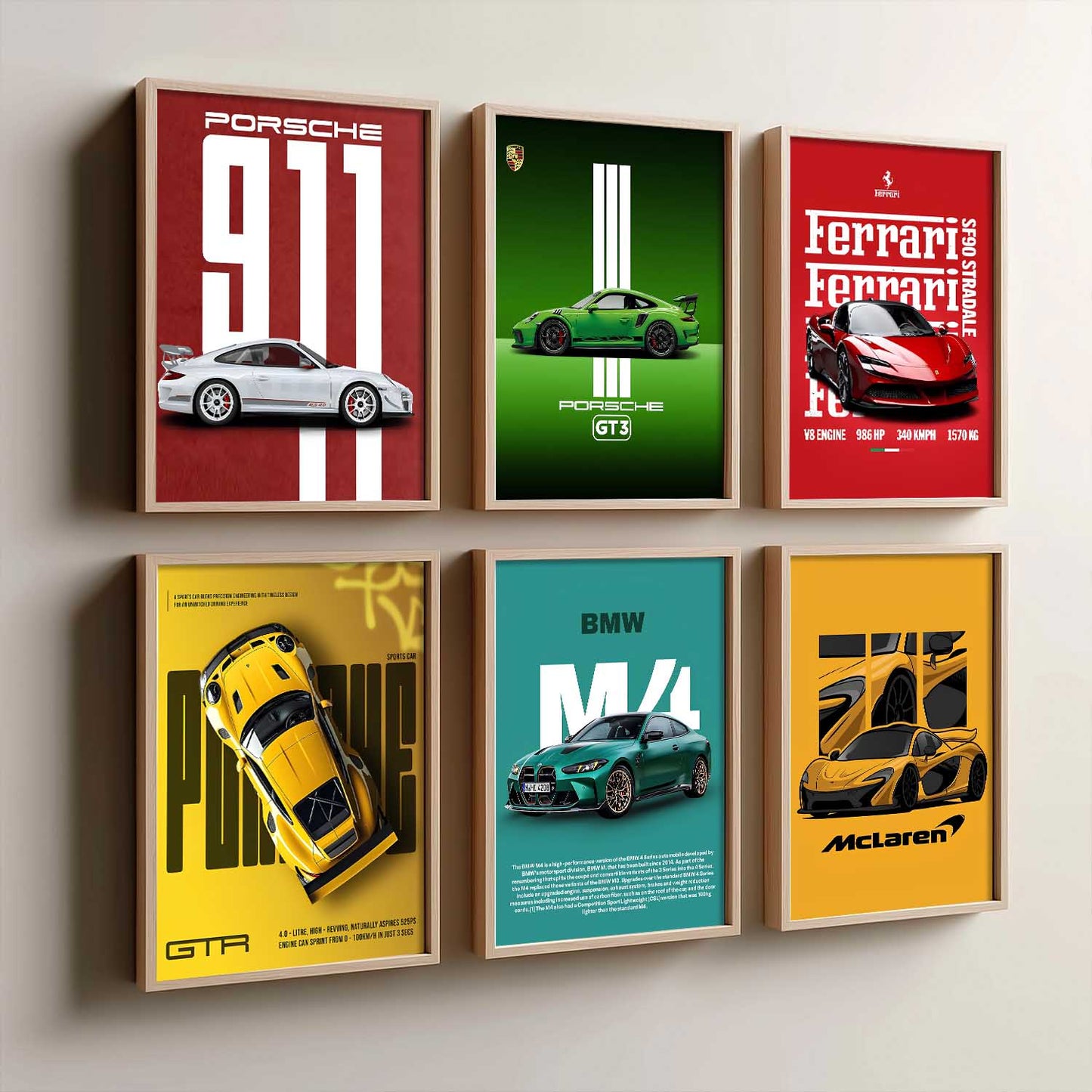 Porsche 911 BMW M4 McLaren Ferrari Car Wall Art Paintings with Frame for Living Room Bedroom