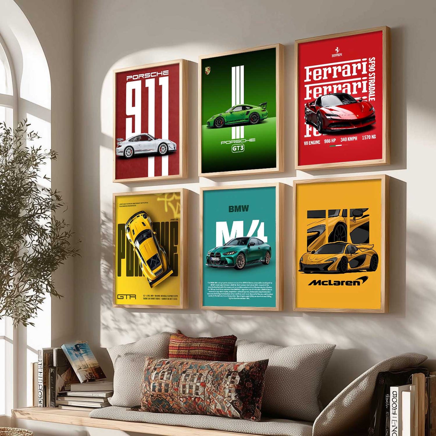 Porsche 911 BMW M4 McLaren Ferrari Car Wall Art Paintings with Frame for Living Room Bedroom
