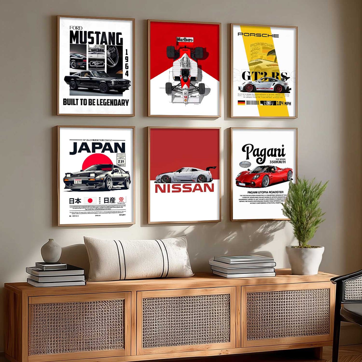 Porsche 911 Ford Mustang Nissan GT Car Wall Art Paintings with Frame for Living Room Bedroom